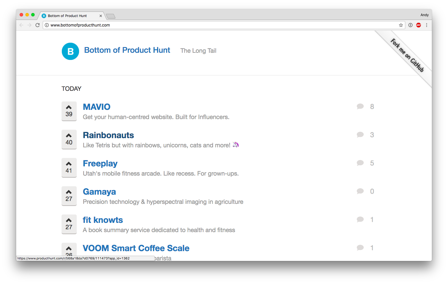 Bottom of Product Hunt homepage.
